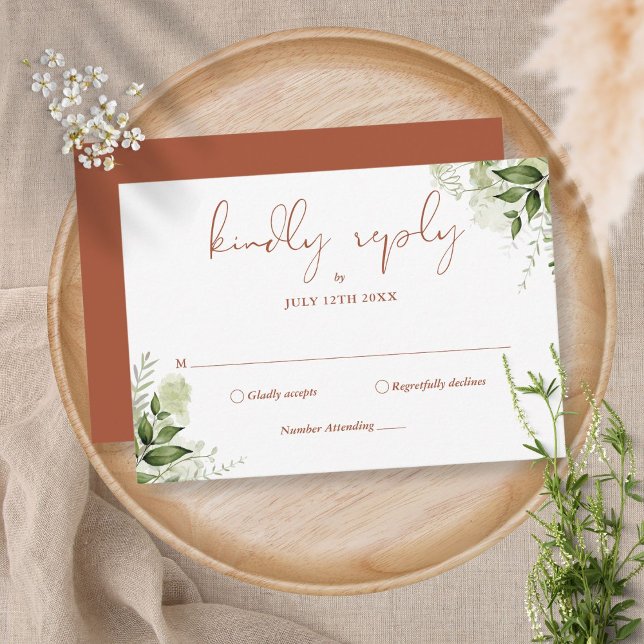 Terracotta Greenery Floral Kindly Reply Wedding RSVP Card (Creator Uploaded)