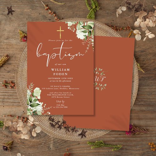 Terracotta Greenery Floral Monogram Baptism Invitation