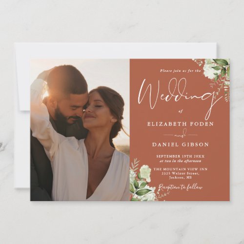 Terracotta Greenery Floral Photo Wedding Invitation