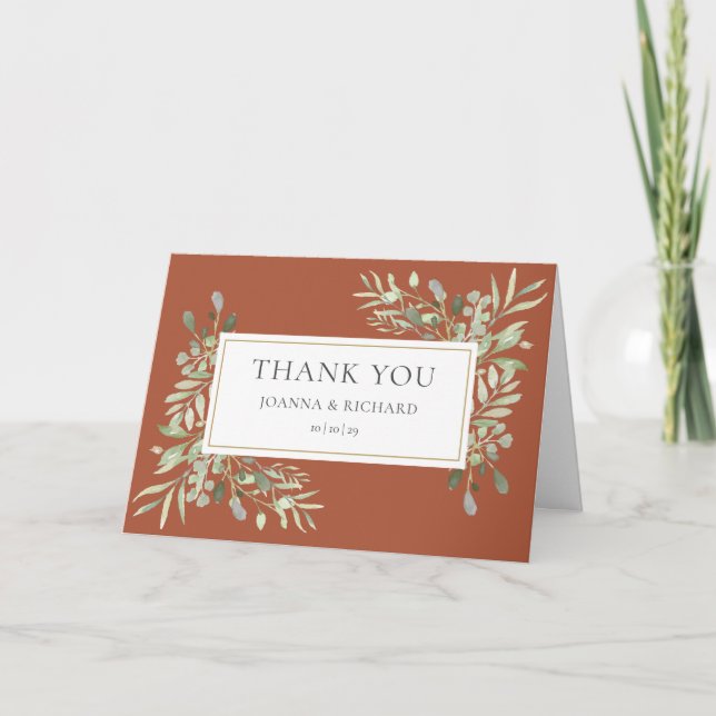 Terracotta Greenery Floral Photo Wedding Thank You Card (Front)