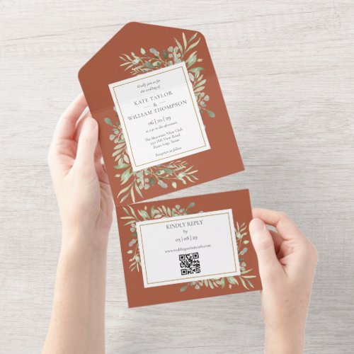 Terracotta Greenery Floral QR Code Wedding All In One Invitation