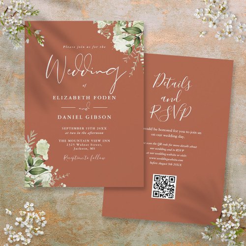 Terracotta Greenery Floral QR Code Wedding Invitation
