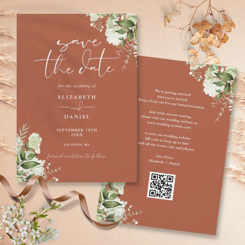Terracotta Greenery Floral QR Code Wedding Save The Date