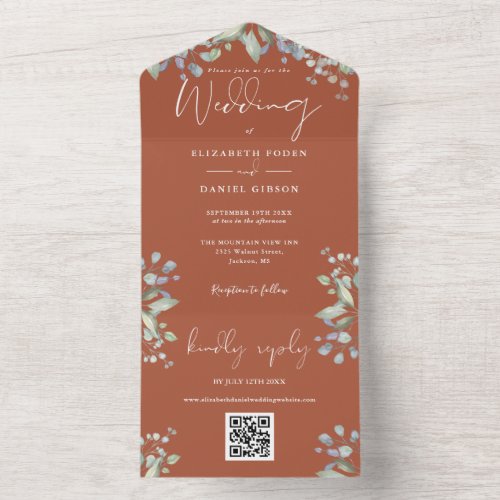 Terracotta Greenery Floral Script QR Code Wedding All In One Invitation