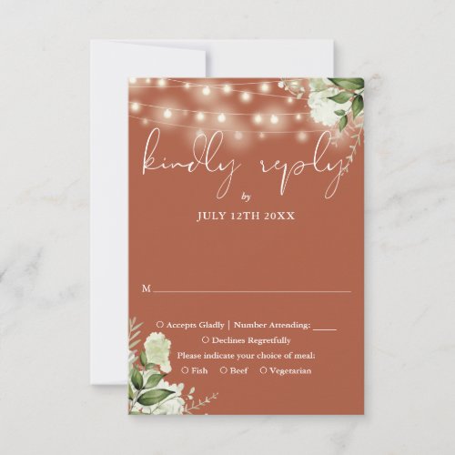 Terracotta Greenery Floral String Lights Wedding RSVP Card