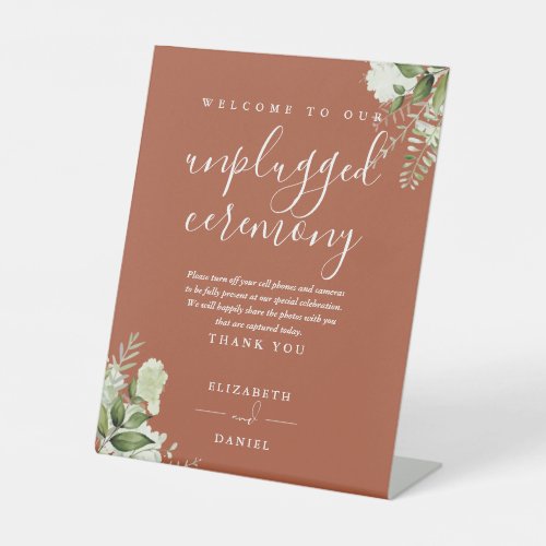 Terracotta Greenery Floral Unplugged Ceremony Pedestal Sign