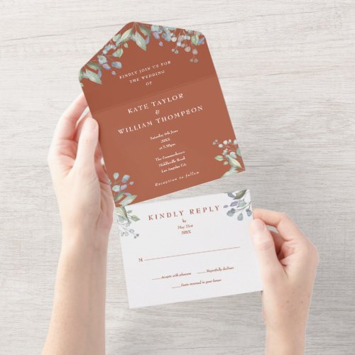 Terracotta Greenery Floral Wedding All In One Invitation