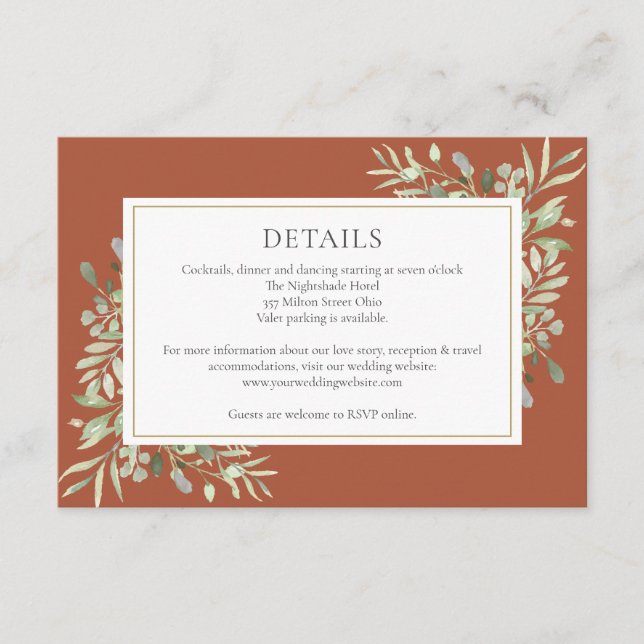 Terracotta Greenery Floral Wedding Details Enclosure Card (Front)
