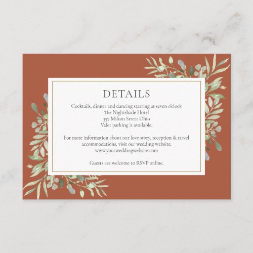Terracotta Greenery Floral Wedding Details Enclosure Card