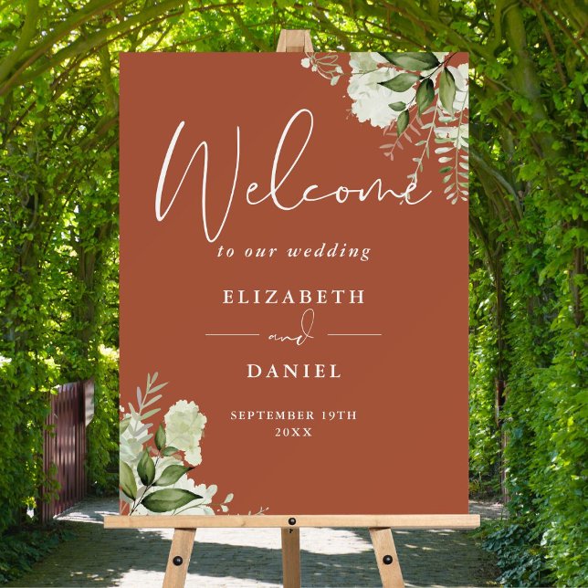 Terracotta Greenery Floral Wedding Welcome Sign (Terracotta Greenery Floral Wedding Welcome Sign)