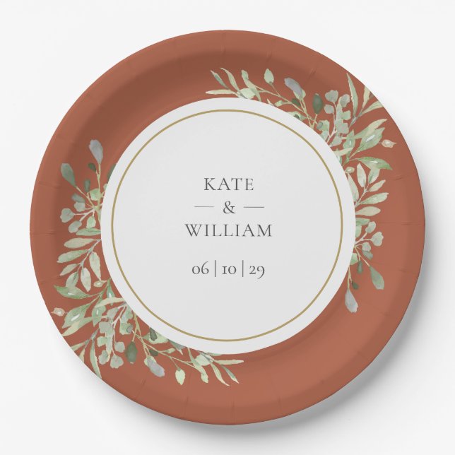 Terracotta Greenery Foliage Wedding Paper Plates (Front)