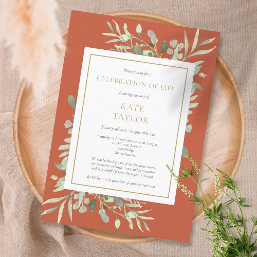 Terracotta Greenery Funeral Celebration of Life Invitation