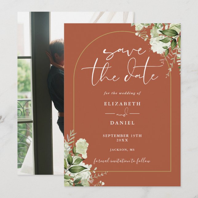 Terracotta Greenery Gold Arch Photo Wedding Save The Date (Front/Back)
