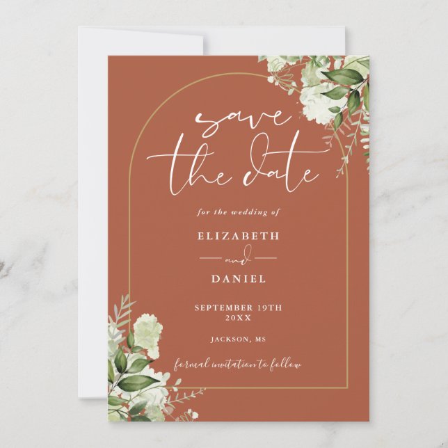 Terracotta Greenery Gold Arch QR Code Wedding Save The Date (Front)