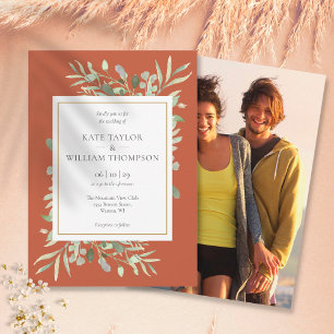 Terracotta Greenery Gold Photo Wedding Invitation