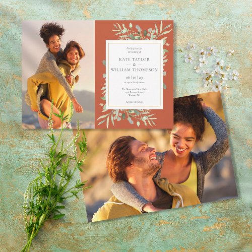Terracotta Greenery Gold Photos Wedding Invitation