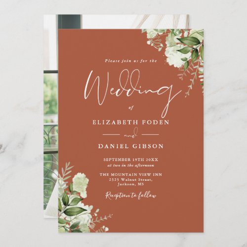 Terracotta Greenery Leaves Elegant Photo Wedding Invitation