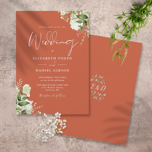 Terracotta Greenery Leaves Monogram Wedding Invitation