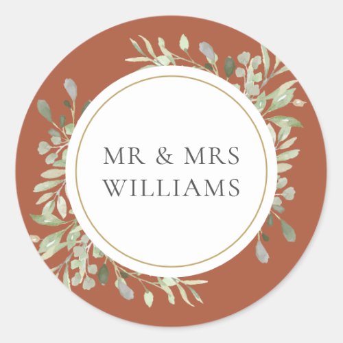 Terracotta Greenery MR  MRS Wedding Classic Round Sticker