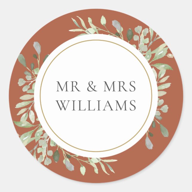 Terracotta Greenery MR & MRS Wedding Classic Round Sticker (Front)