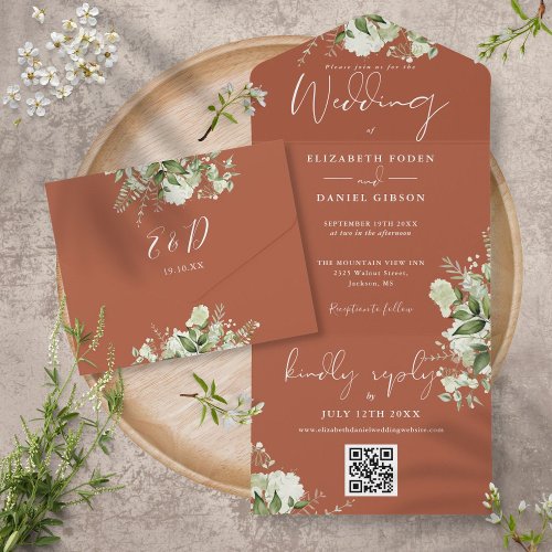 Terracotta Greenery QR Code Monogram Wedding All In One Invitation