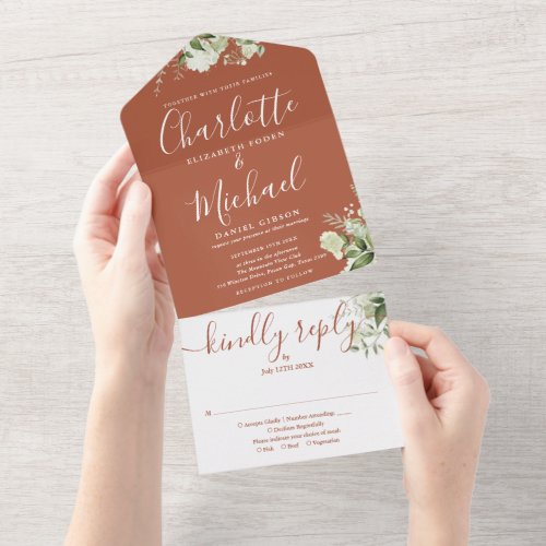 Terracotta Greenery Script Monogram Wedding  All In One Invitation