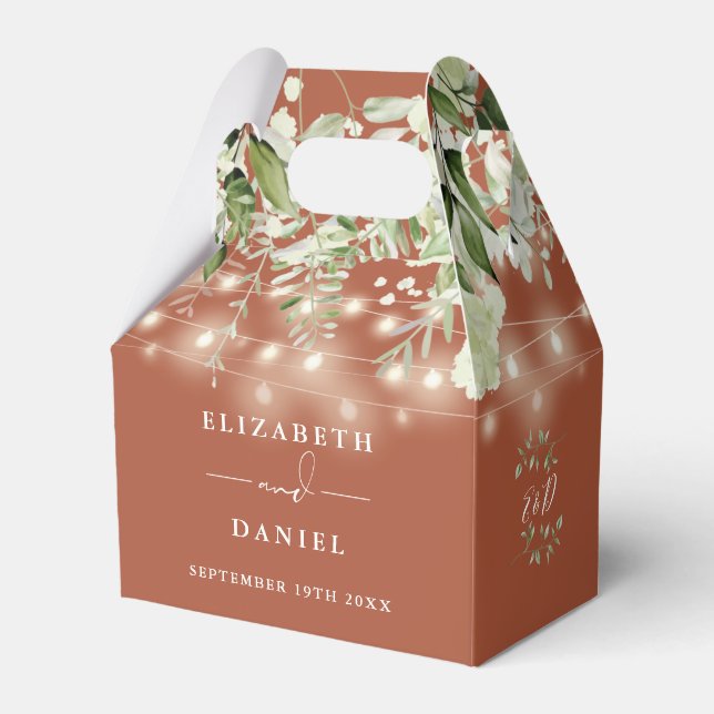 Terracotta Greenery String Lights Monogram Wedding Favor Boxes (Front Side)