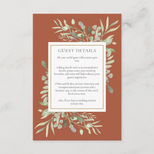 Terracotta Greenery Wedding Accommodation Details Enclosure Card