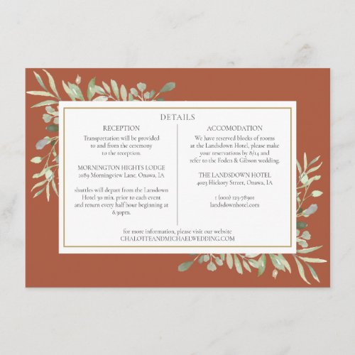 Terracotta Greenery Wedding Details Information Enclosure Card