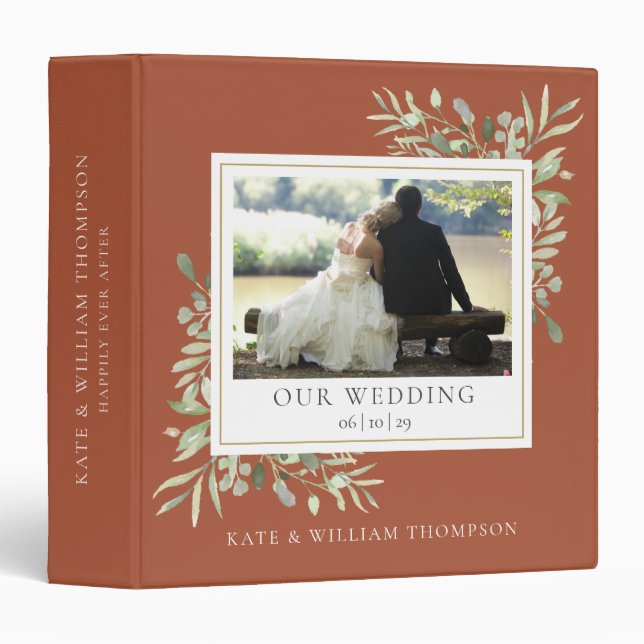 Terracotta Greenery Wedding Photo 3 Ring Binder (Front/Spine)