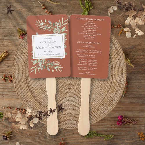 Terracotta Greenery Wedding Program Hand Fan