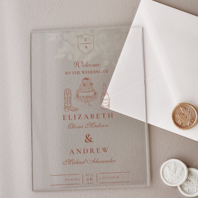 Terracotta Hand Drawn Funky Western Doodle Wedding Acrylic Invitations (Creator Uploaded)