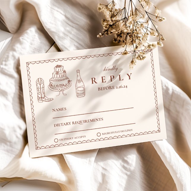 Terracotta Hand Drawn Funky Western Doodle Wedding RSVP Card (Creator Uploaded)