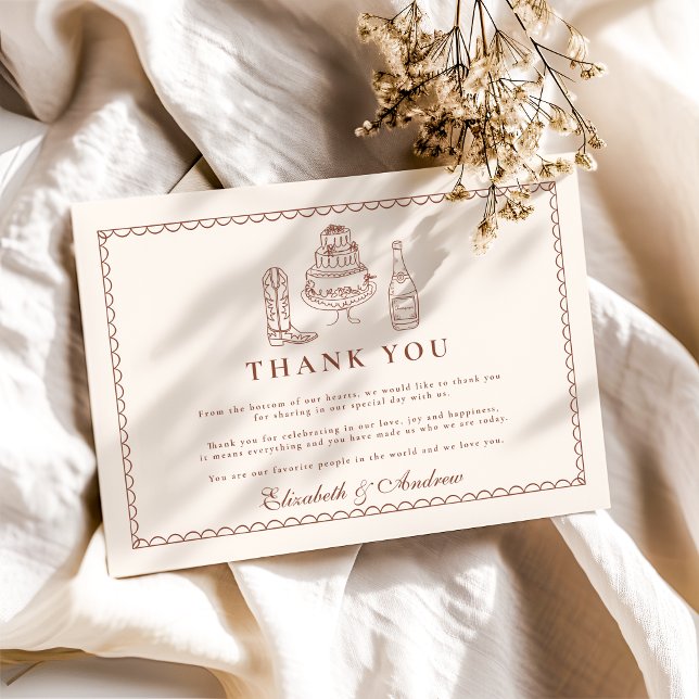 Terracotta Hand Drawn Funky Western Doodle Wedding Thank You Card (Creator Uploaded)