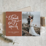 Terracotta Hand Lettering Wedding Photo Thank You Postcard<br><div class="desc">Send thanks to family and friends with this customizable photo thank you postcard. It features modern hand lettering with a red background. Personalize by adding your photo and details. This photo thank you postcard is perfect for weddings,  graduations,  birthdays and other events.</div>