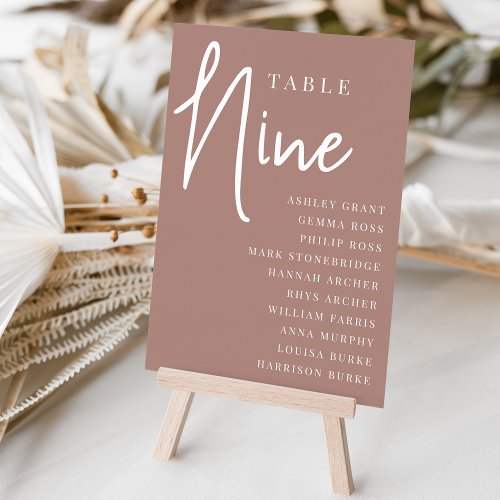 Terracotta Hand Scripted Table NINE  Guest Names Table Number