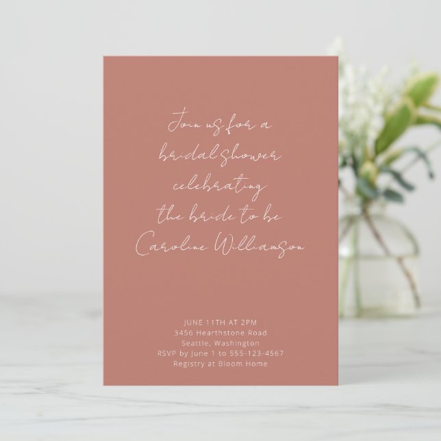 Terracotta Handwriting Script Trendy Bridal Shower Invitation (Standing Front)