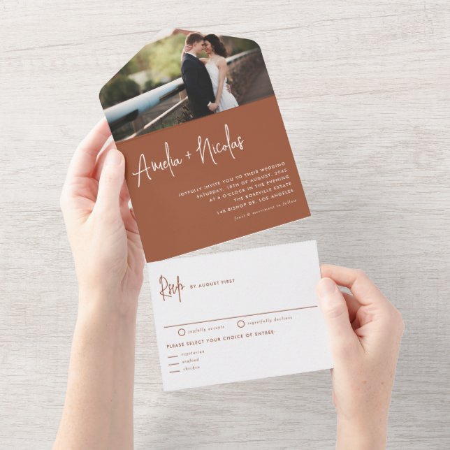 Terracotta Handwriting Typography Photo Wedding All In One Invitation (Tearaway)