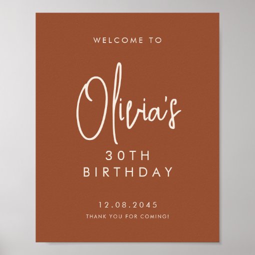 Terracotta Handwritten 30th Birthday Welcome Poster | Zazzle