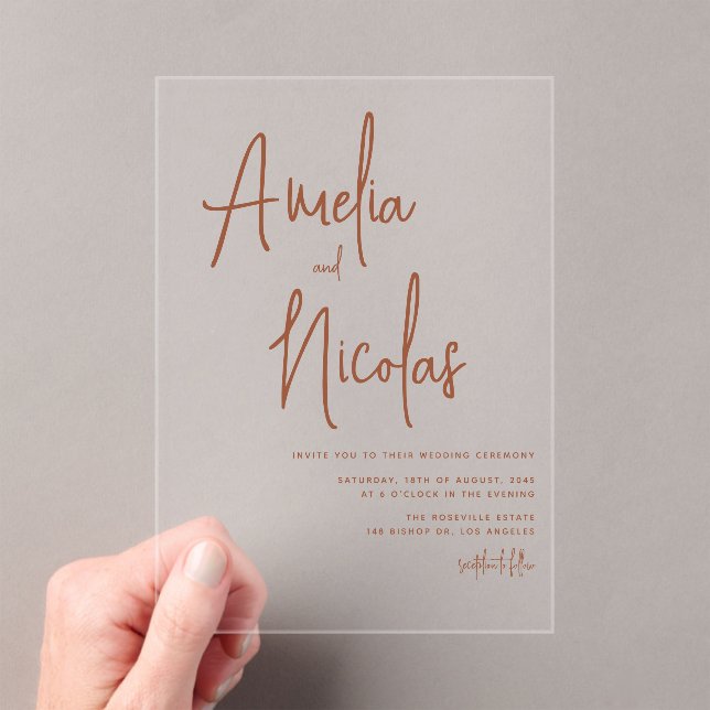 Terracotta Handwritten Script Minimalist Wedding Acrylic Invitations (Insitu (Handheld))