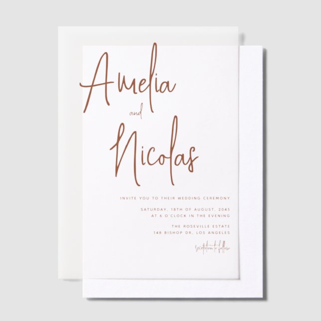 Terracotta Handwritten Script Minimalist Wedding Vellum Invitations (Offset)