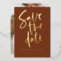 Terracotta Handwritten Script Photo Save The Date  Foil Invitation