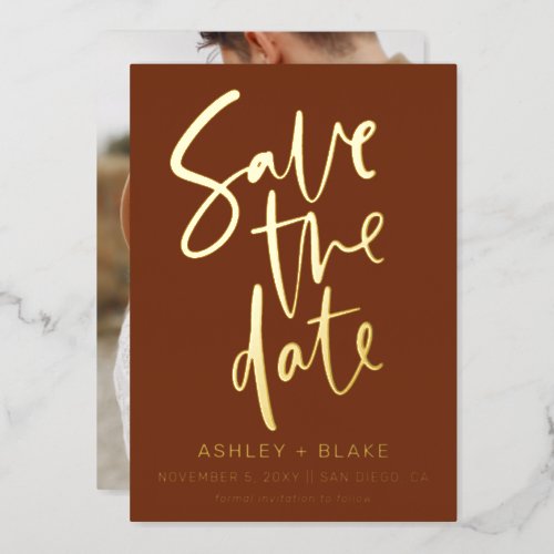 Terracotta Handwritten Script Photo Save The Date  Foil Invitation