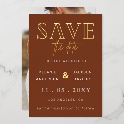 Terracotta Handwritten Script Photo Save The Date Foil Invitation