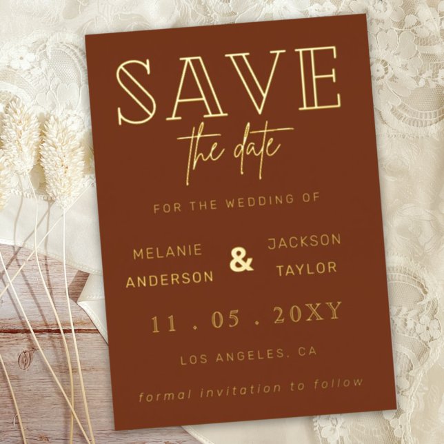 Terracotta Handwritten Script Photo Save The Date Foil Invitation (Creator Uploaded)