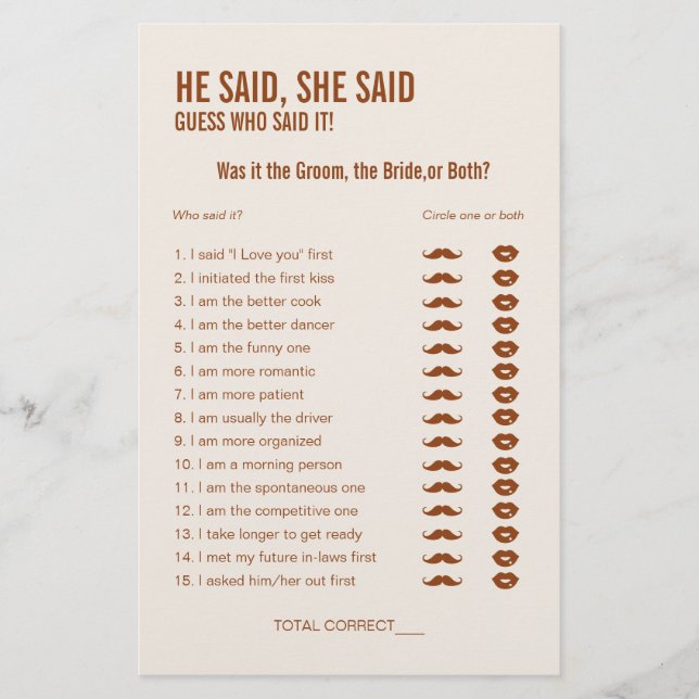 Terracotta He Said She Said Bridal Shower Game (Front)