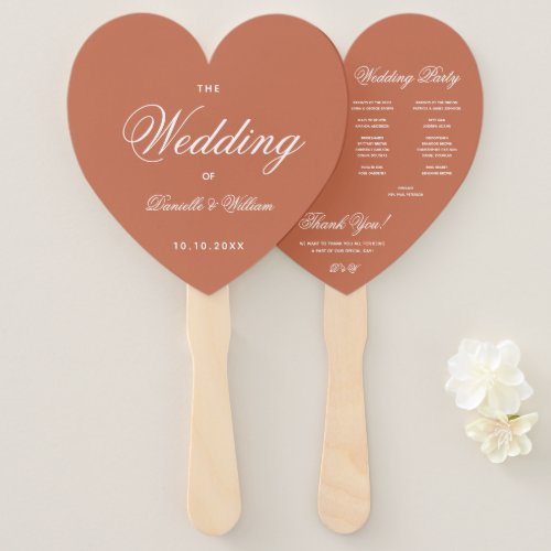 Terracotta Heart Elegant Script Wedding Program Hand Fan