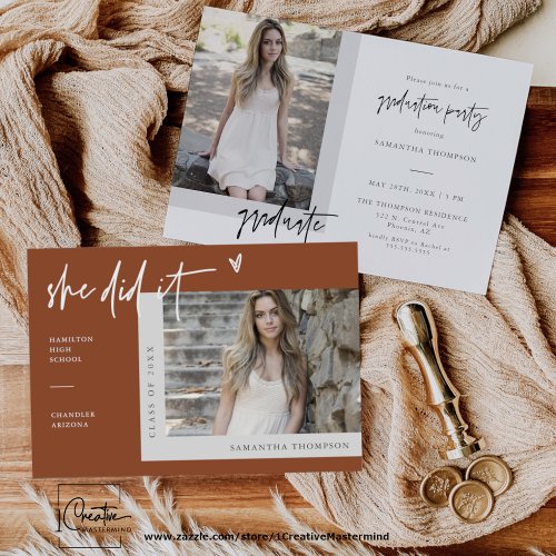 Terracotta Heart Photo She Did It Graduation Invitation