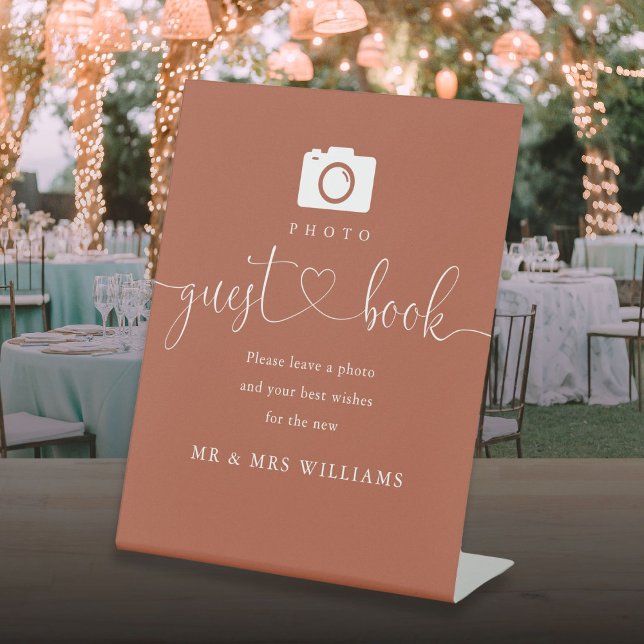 Terracotta Heart Script Photo Guest Book Pedestal Sign (Terracotta Heart Script Photo Guest Book Pedestal Sign)