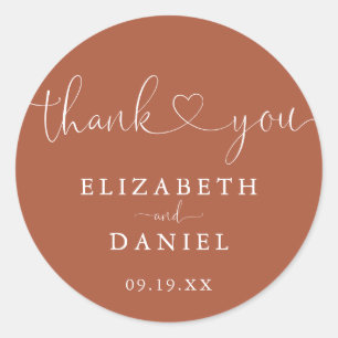 Terracotta Heart Script Thank You Wedding Favor Classic Round Sticker